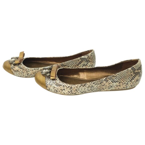 Libby Edelman Snakeskin Print Flats Women 8.5 M Golden Bronze Bow Toe Rhinestone - Picture 11 of 16